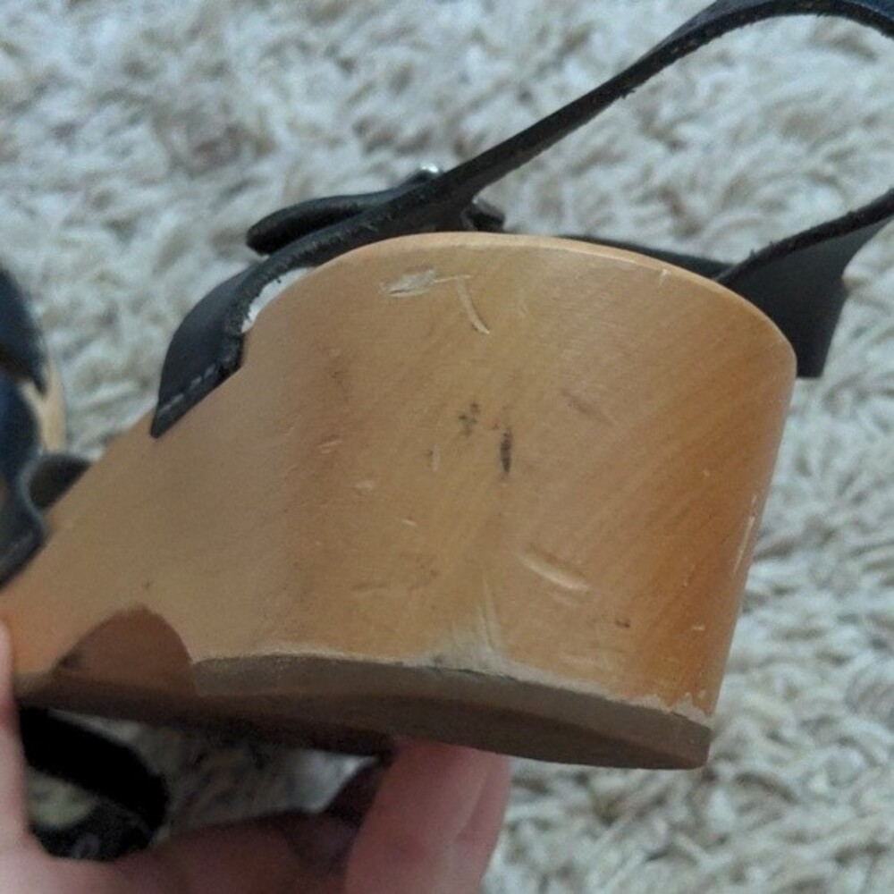 Swedish Hasbeens Black Leather Peep-Toe Slingback Cork Sandals - Picture 11 of 14